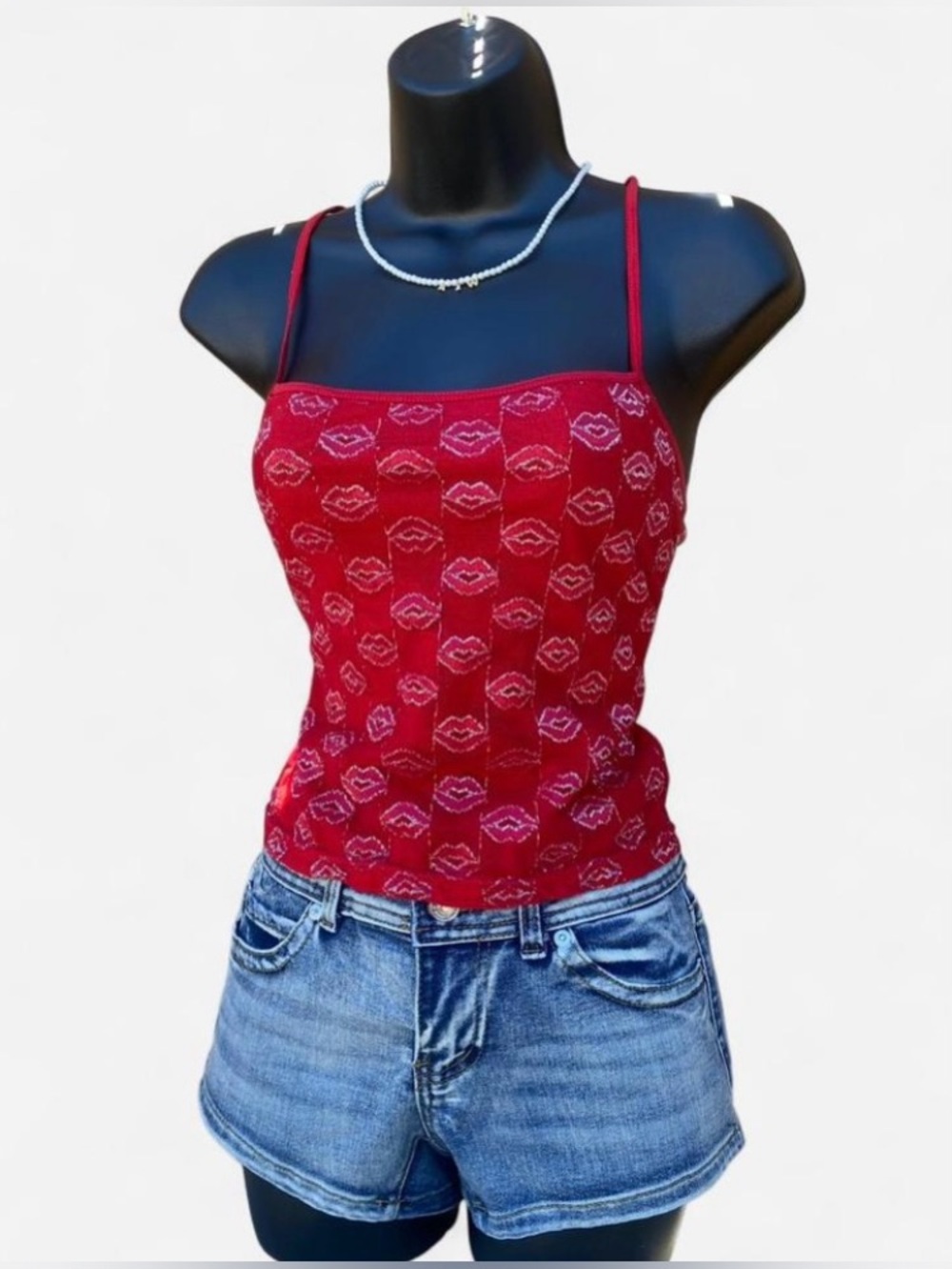Y2k Red Fitted tank Top with Lipstick Kiss Print & Criss Cross Back